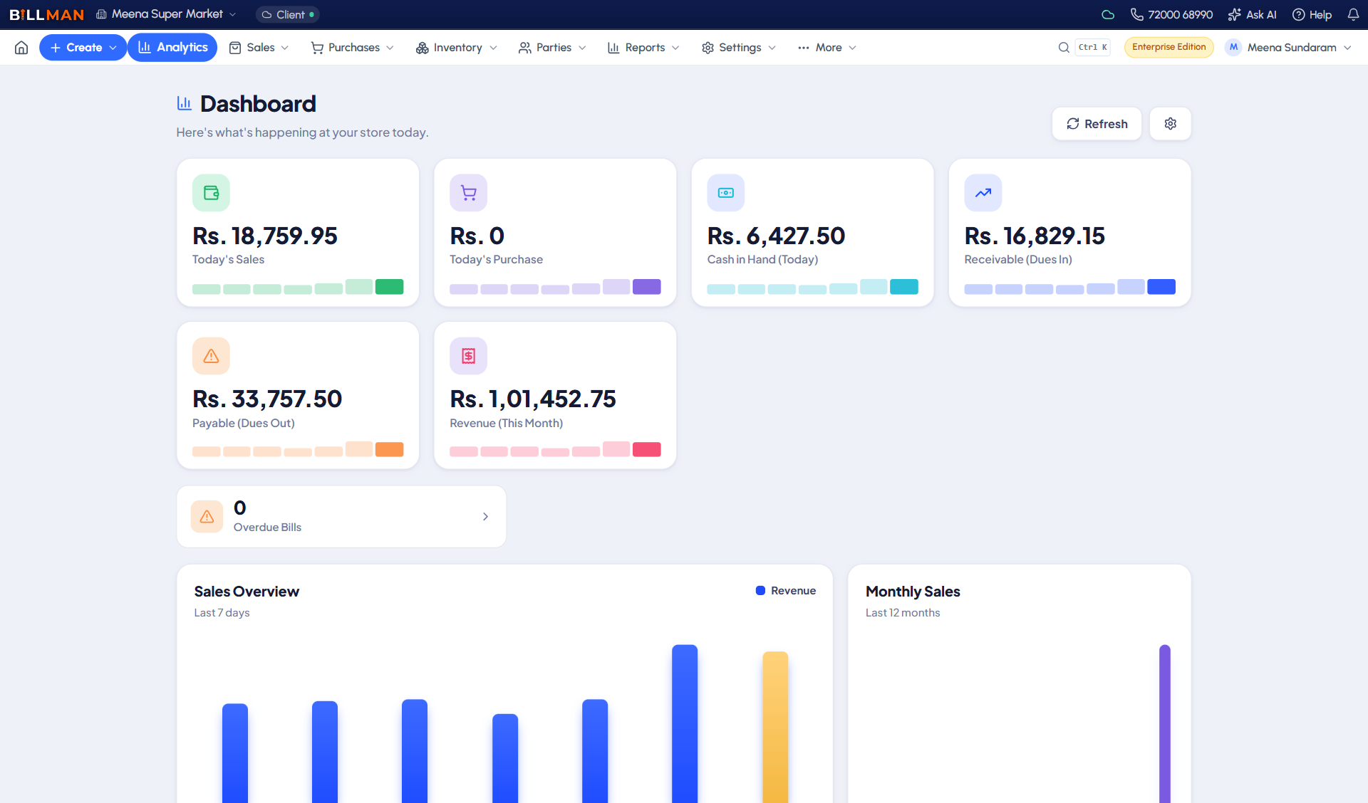 Billman Your shop at a glance screen